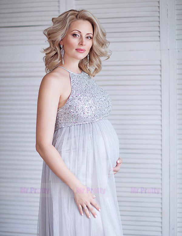 Silver Sequin Tulle Sexy Prom Dress Pregnant Dress