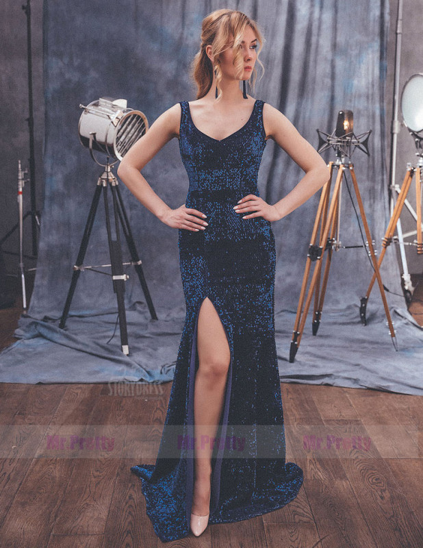 Navy Blue Sequin Mermaid  Sexy Prom Dress Special Occasion Dress