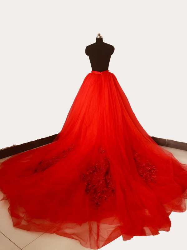 True Red /Smoke Grey  Lace Beads Tulle  Long Train Skirt
