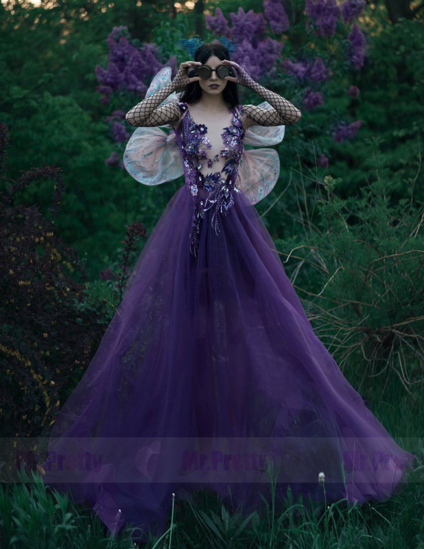 Purple Floral Lace Tulle Short Train Sexy Prom Dress