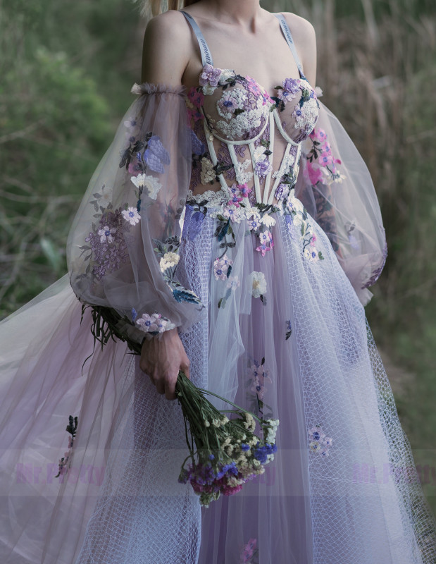 Lavender Floral Lace Tulle Short Train Sexy Prom Dress