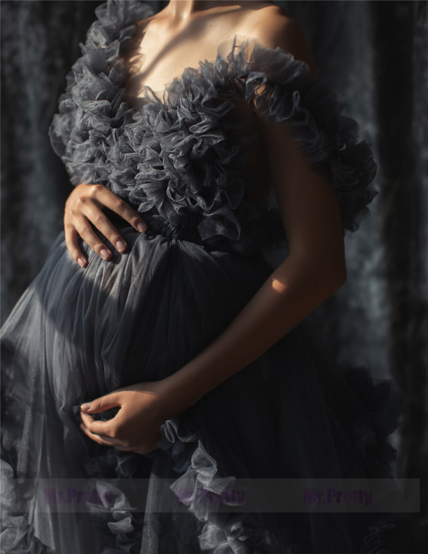 Grey Ruffle Elastic Waist Maternity Dress Photoshots Dress