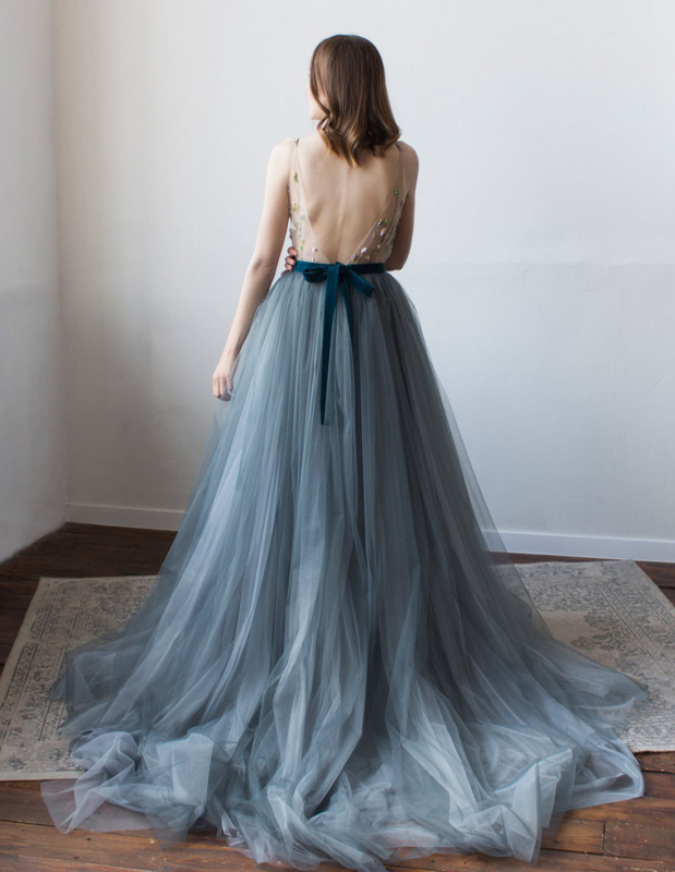 Grey Blue Wedding Skirt  2 Pieces Bridal Dress