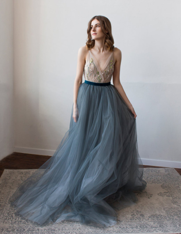 Grey Blue Wedding Skirt  2 Pieces Bridal Dress