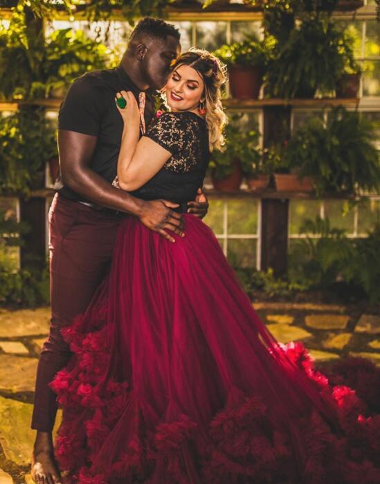 Burgundy Ruffle Long Train Wedding Skirt