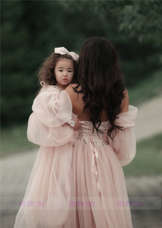 Pleat Tulle Lace Up Mother and Kids Dress