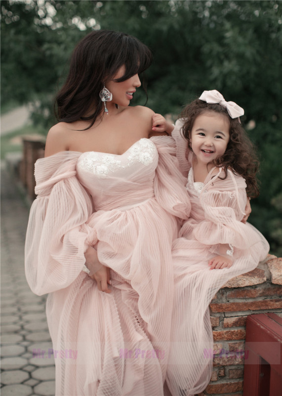 Pleat Tulle Lace Up Mother and Kids Dress