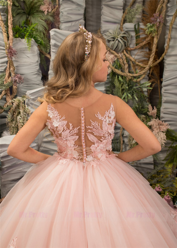 Pink Floral Tulle Lace Girls Pageant Dress