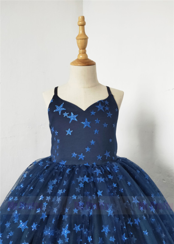 Free Shipping Navy Blue Sparkle Tulle  Flower Girl Dress