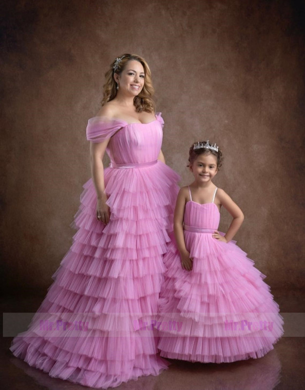 Hot  Pink  Tulle Mother and Kids Dress