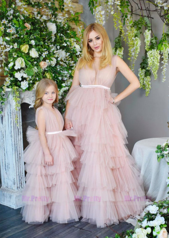 Blush Pink  Tulle Mother and Kids Dress