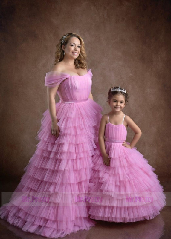 Hot  Pink  Tulle Mother and Kids Dress