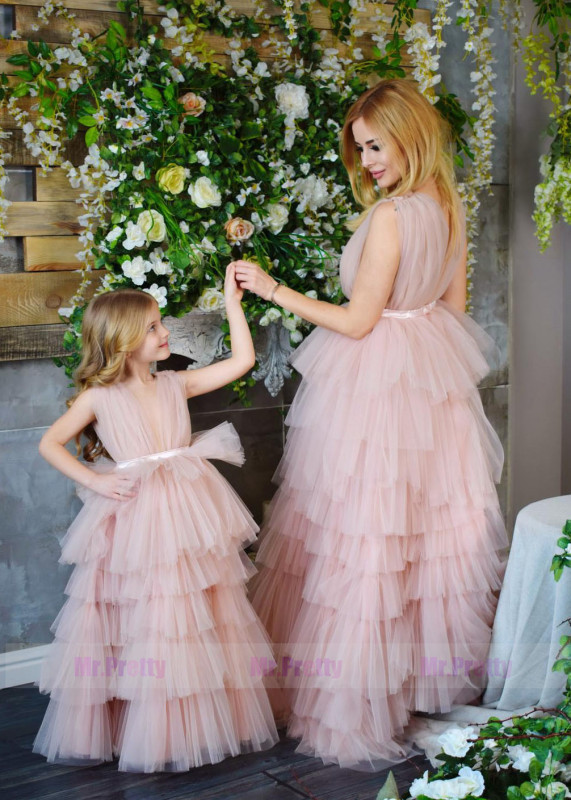 Blush Pink  Tulle Mother and Kids Dress
