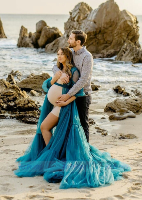 Teal Tulle Front Open Fashion Maternity Dress