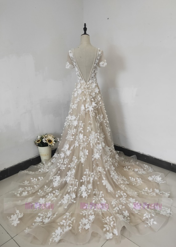 Ivory Floral Lace Light Champagne LIning Wedding Dress