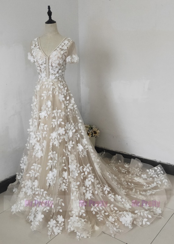Ivory Floral Lace Light Champagne LIning Wedding Dress