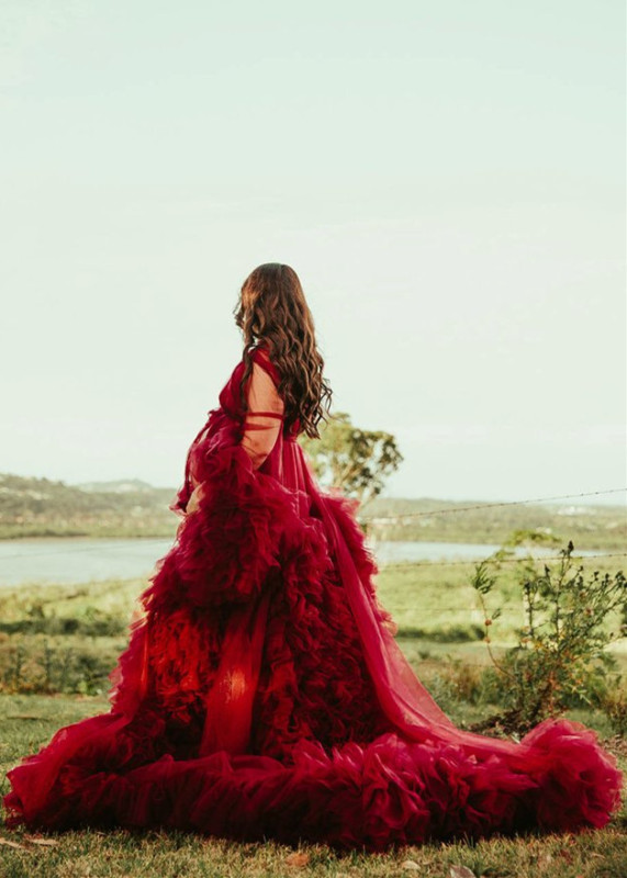 Burgundy Tulle Ruffled Long Sleeves Maternity Dress