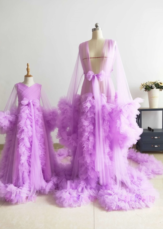 Lilac Mother And Kids Photoshoot Dress Tulle Ruffled Dress