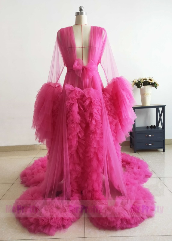 Hot Pink Tulle Open Front Maternity Dress Photoshoot Dress