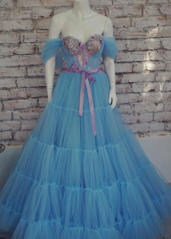 Off Shoulder Blue Tulle Floral Outdoor Wedding Dress