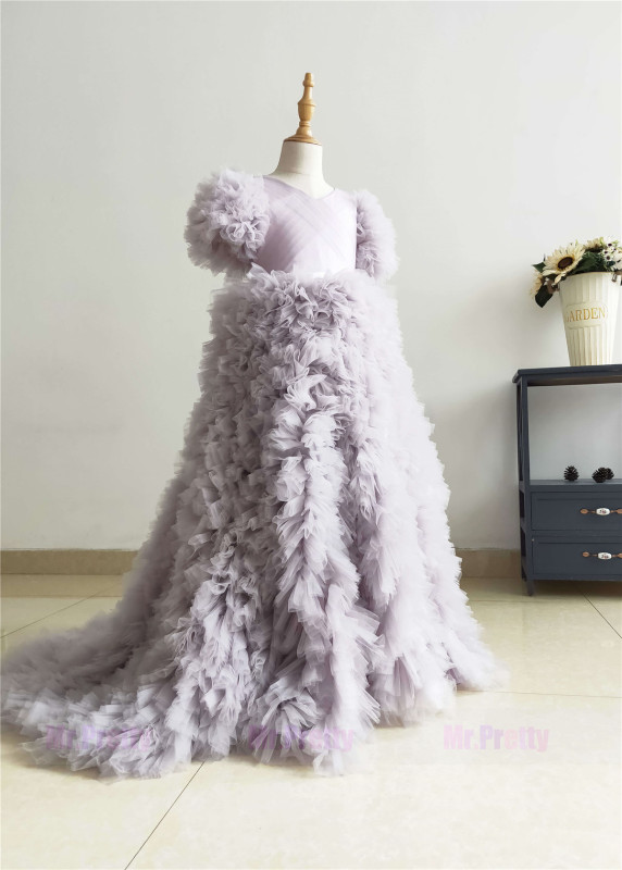 Grey Ruffled Tulle Mother And Kids Photoshoot Dress