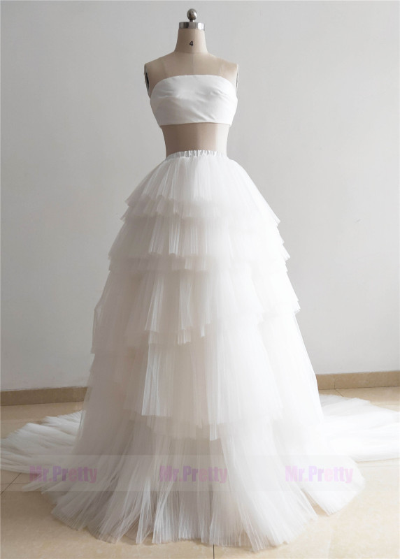 Ivory Two Pieces Lace Up  Pleated Wedding Skirt Bridal Dress