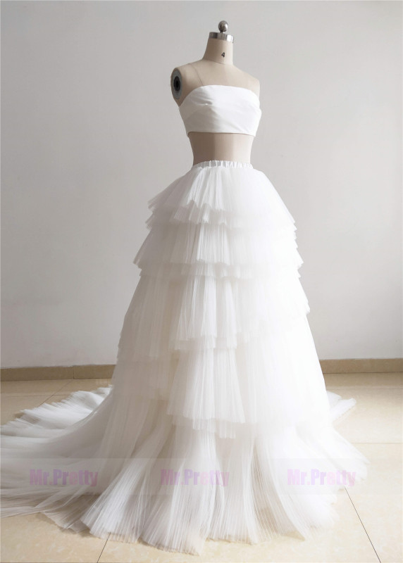 Ivory Two Pieces Lace Up  Pleated Wedding Skirt Bridal Dress