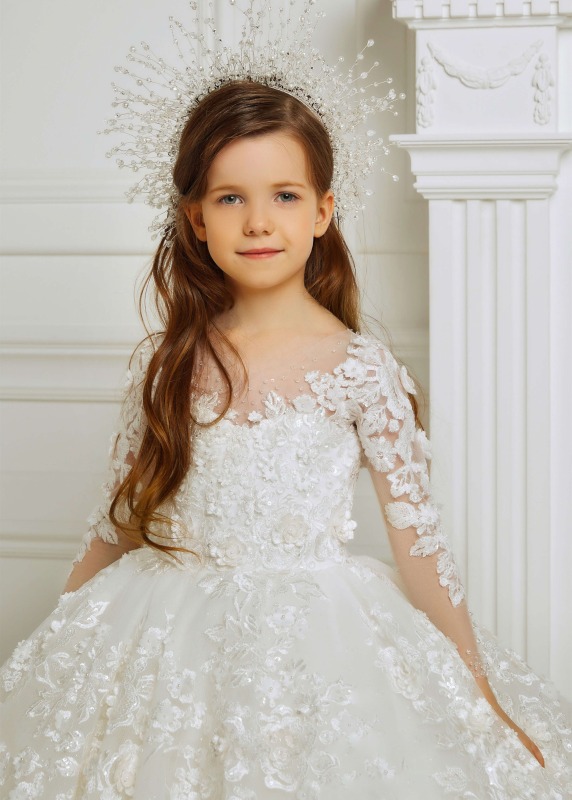 Ivory Beaded Lace Floral Wedding Party Flower Girl Dress