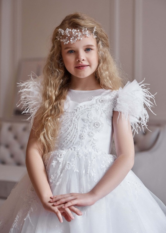 Ivory Beaded Lace Tulle Beautiful Girls Party Dress