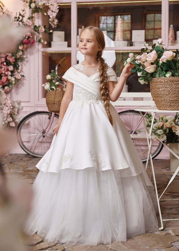 ivory Lace Satin Beaded Chic Flower Girl Dress