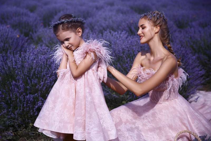 Pink Lace Feather Mother And Kids Dress