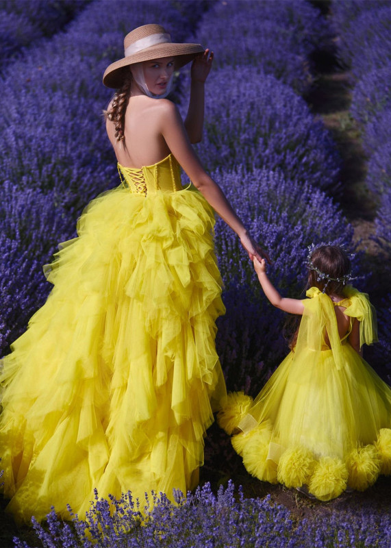 Yellow Beaded Tulle Amazing Mother And Kids Dress