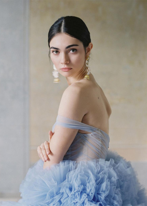 Blue Tulle Ruffle Prom Dress for Photoshoot