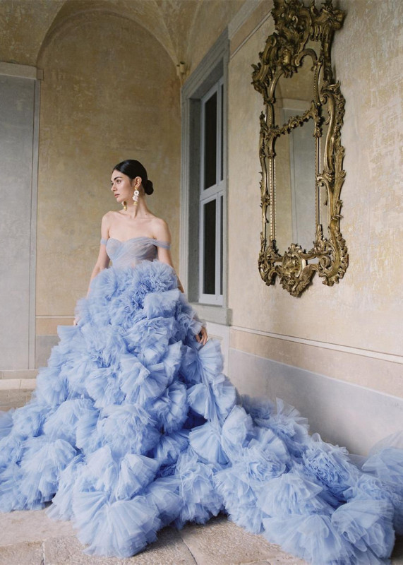 Blue Tulle Ruffle Prom Dress for Photoshoot