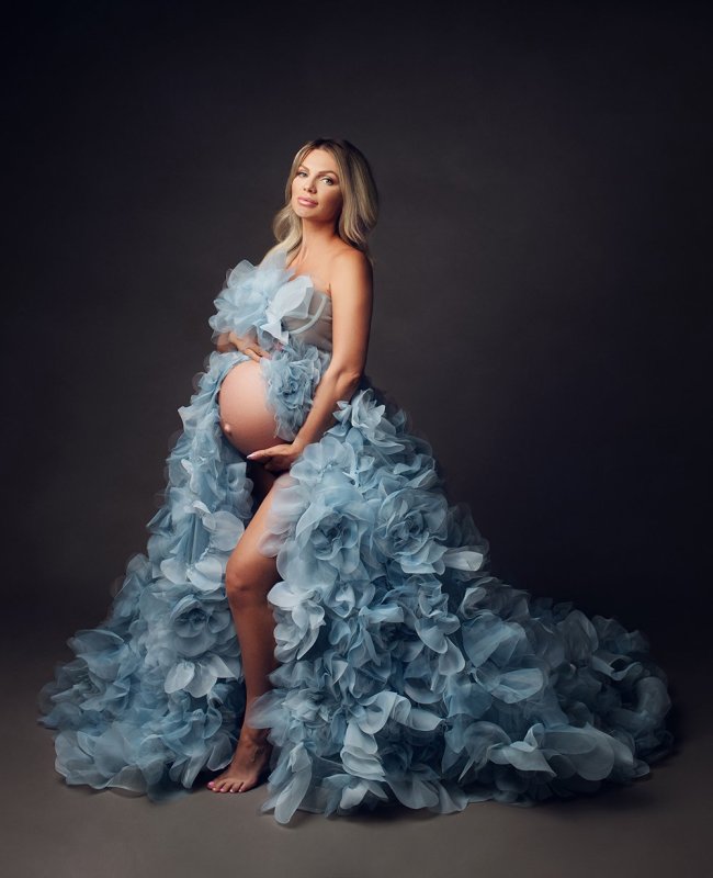 Blue Organza  Flower Maternity Dress Babyshower Dress