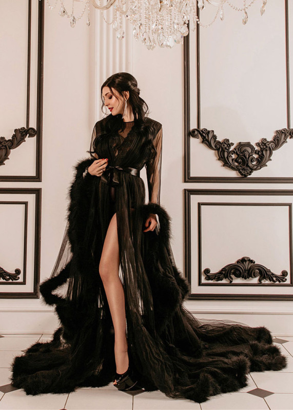 Black Sexy Tulle Fur  Photoshot Dress