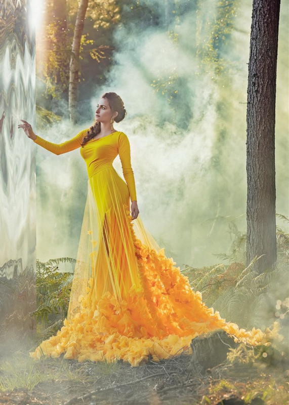 Yellow Jersey 3D Flowers Fairy Prom Dress