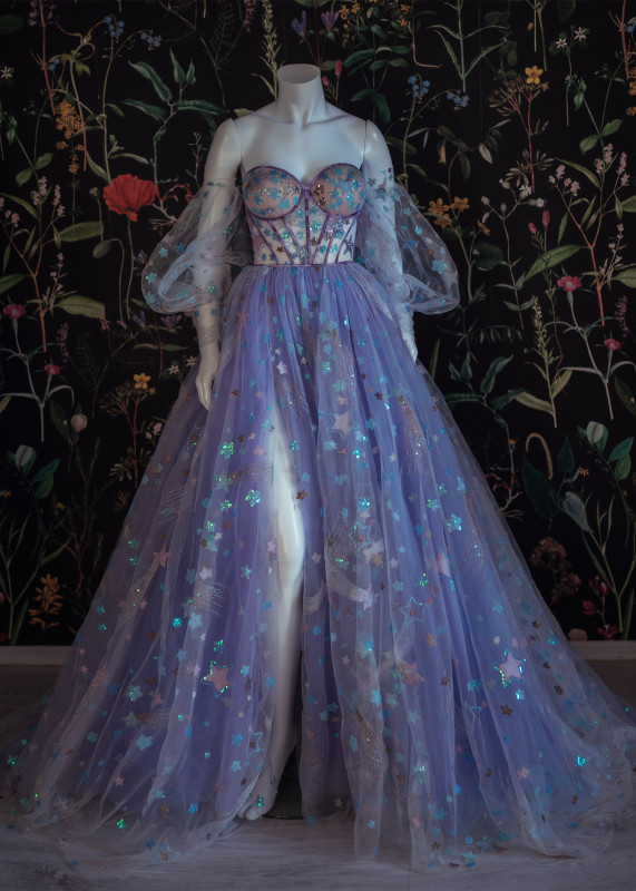 Lavender Star Print Split Corset Prom Dress