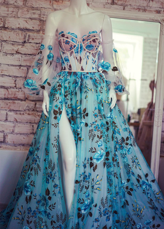 Blue Floral Corset Sexy Prom Dress