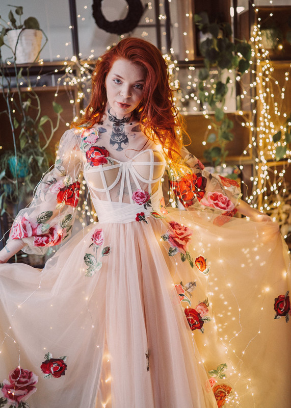 Tulle Print Slit Prom Dress Photoshoot Dress