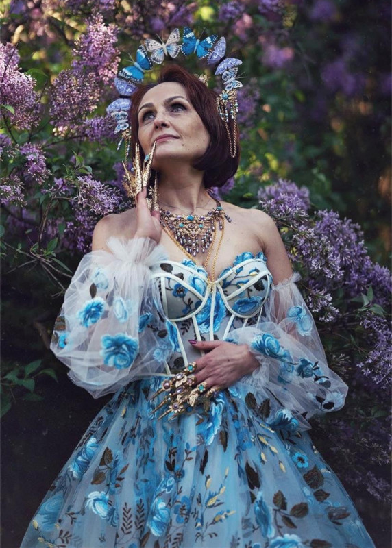 Blue Floral Corset Sexy Prom Dress