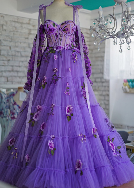 Purple Romantic Floral Prom Dress Special Occasion Dress