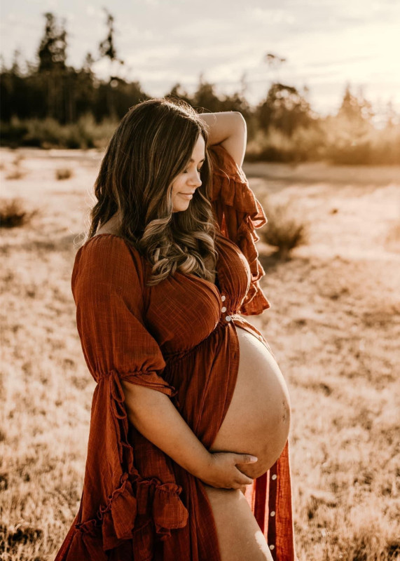 Rust Red Off Shoulder Buttons Open Front Maternity Dress