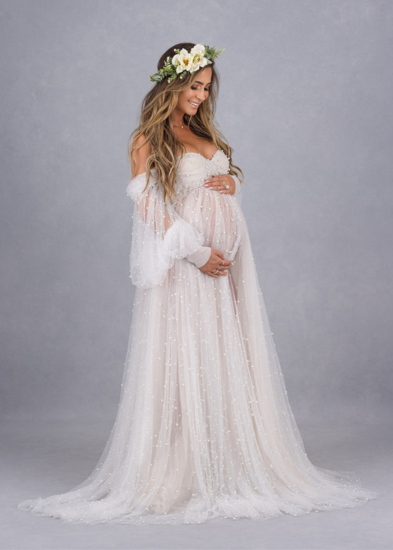 Off Shoulder Ivory Pearl Tulle Maternity Dress