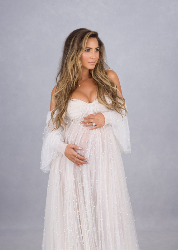 Off Shoulder Ivory Pearl Tulle Maternity Dress
