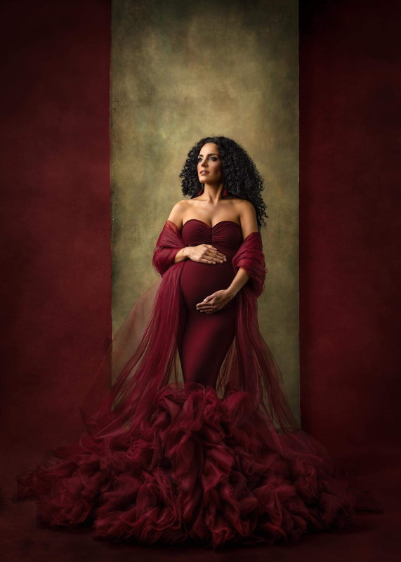 Burgundy Jersey Organza Fashion Maternity Dress