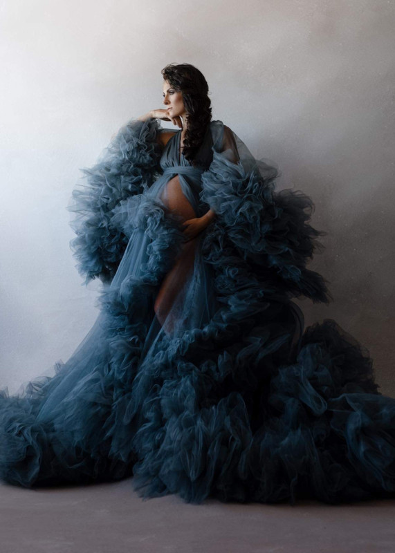 Dark Blue Tulle Ruffled Top Fashion Maternity Dress