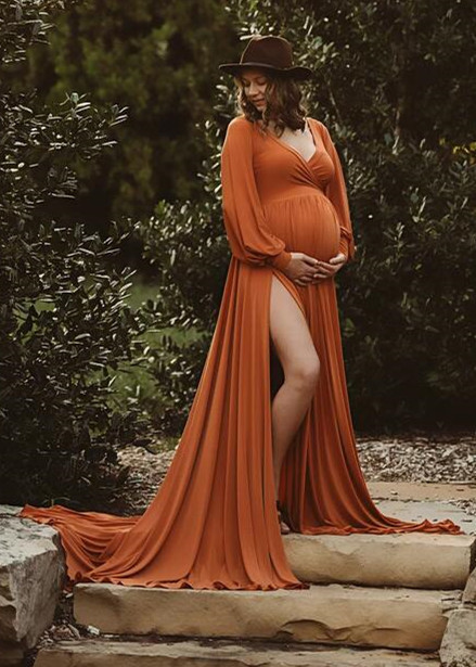 Long Sleeves Orange Slit Maternity Dress
