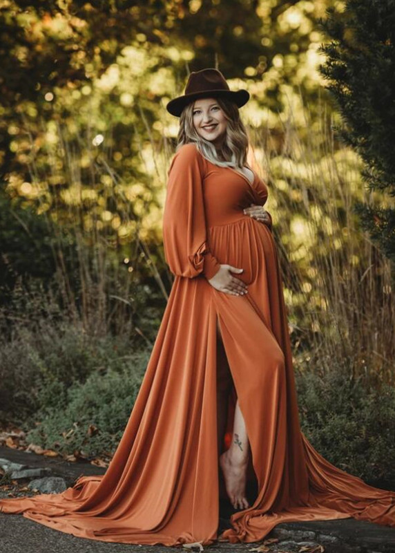 Long Sleeves Orange Slit Maternity Dress