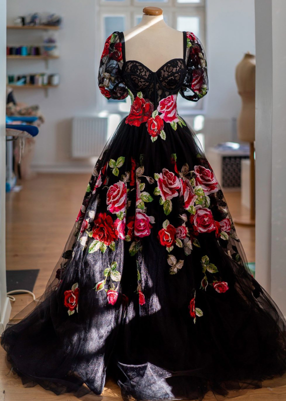 Black Tulle Big Flower Photoshot Dress